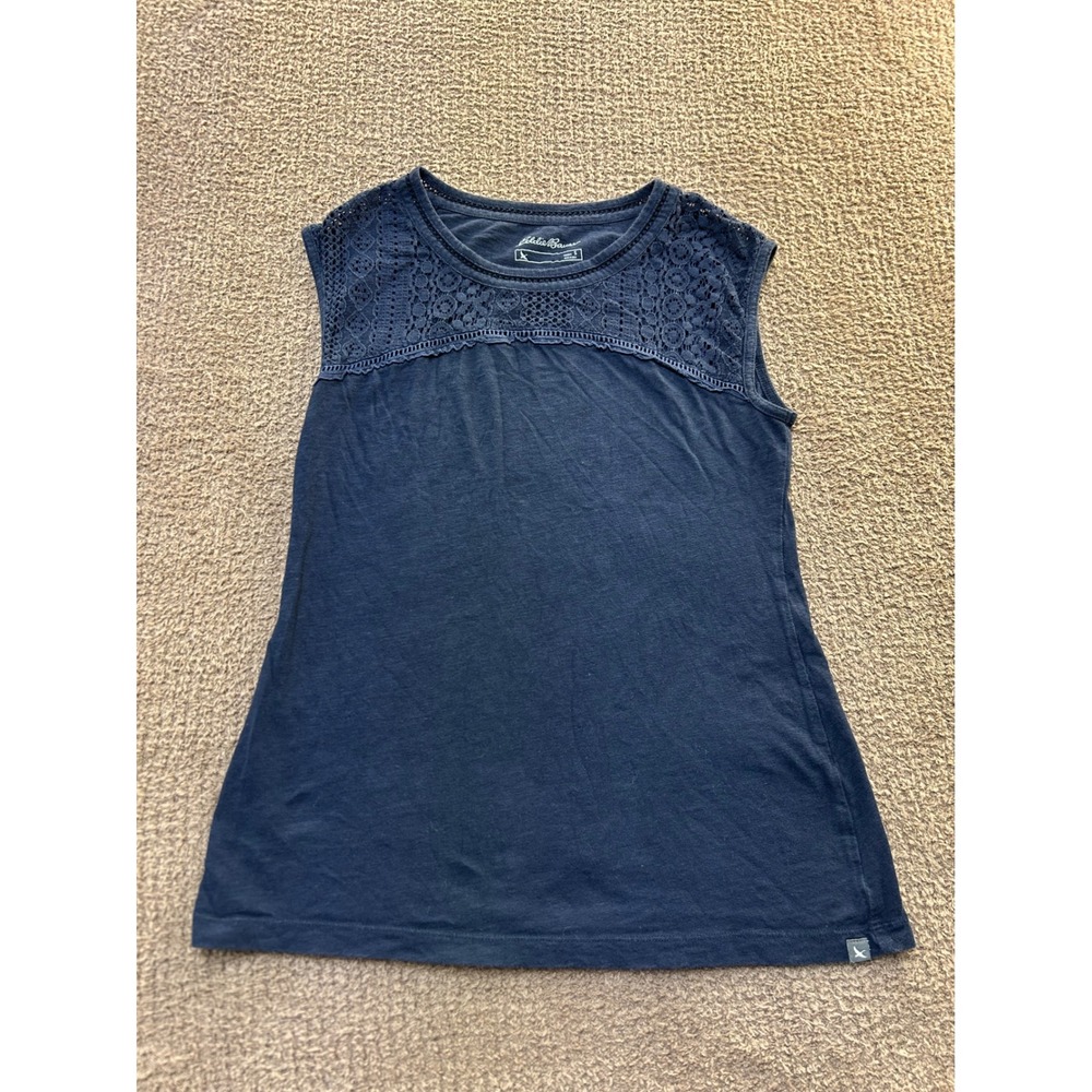 Eddie Bauer Womens Navy Blue Crochet Lace Yoke Sleeveless Cotton Top Small